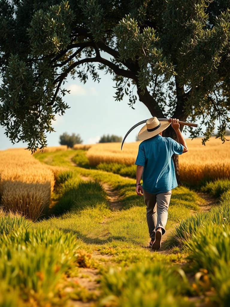 Man with Scythe on Harvest Path in Dappled Sunlight