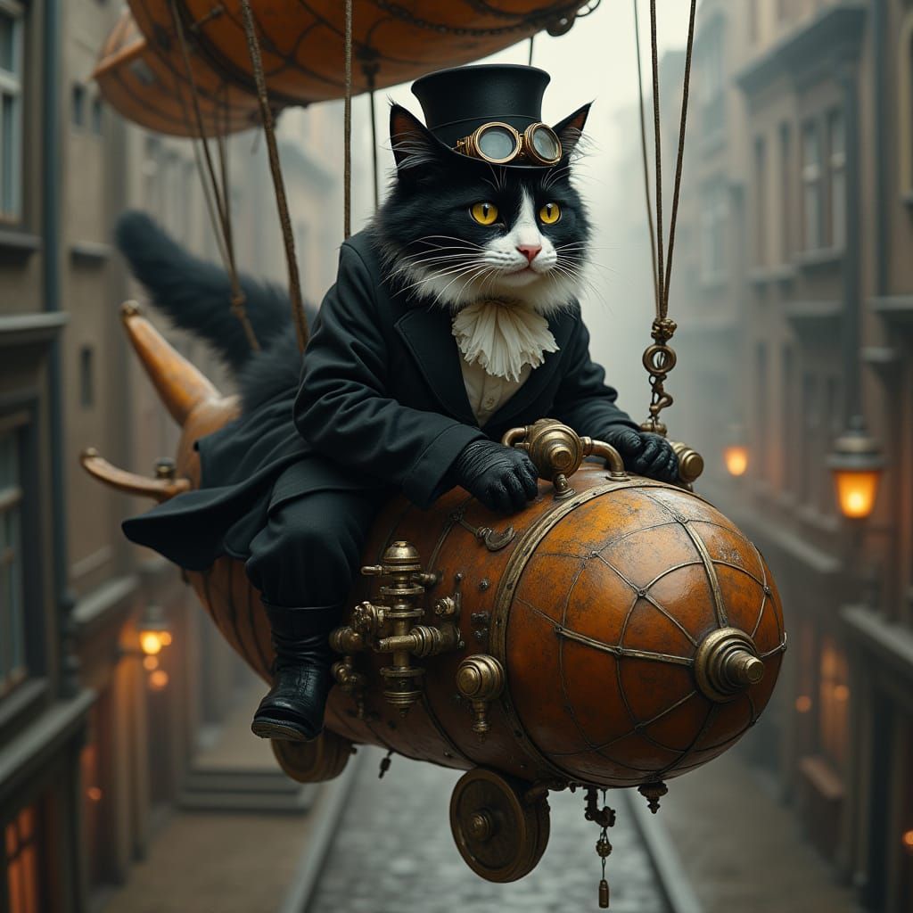 Steampunk Vampire Cat Pilots Copper Zeppelin Over Cobbleston...