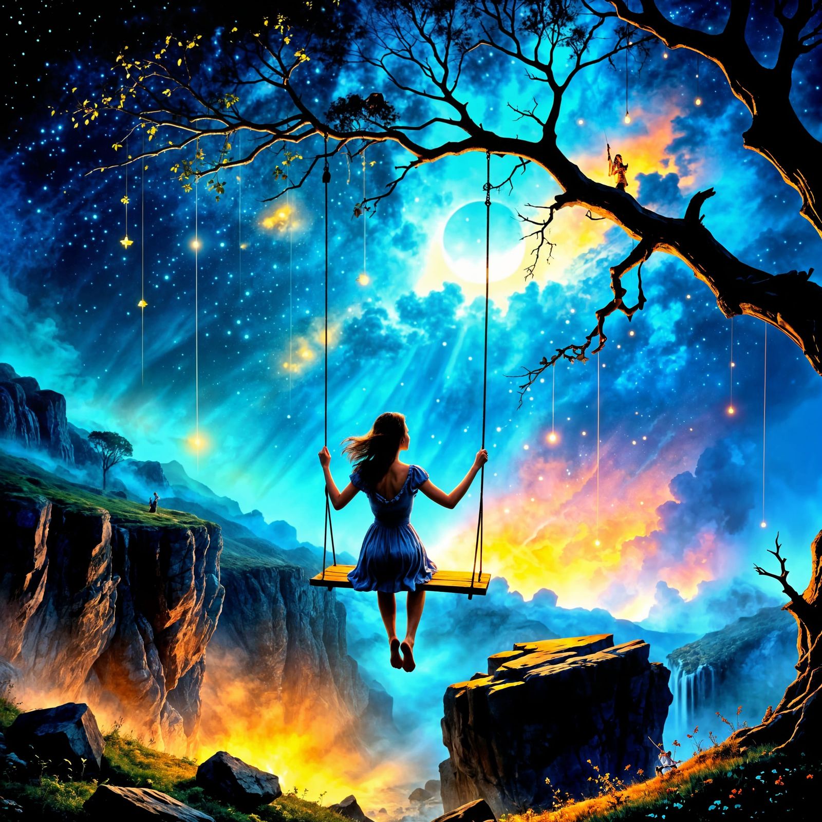 Woman on a Swing Over Ravine at Night