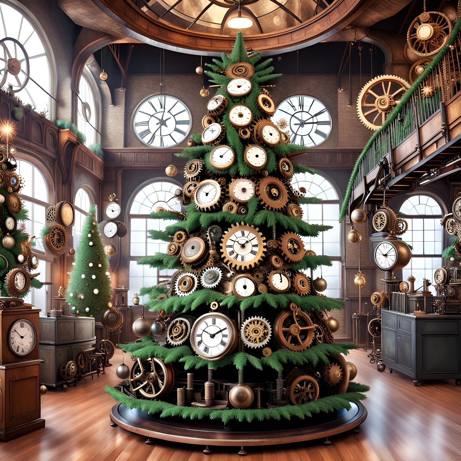 Steampunk Christmas Tree with Gears and Clocks