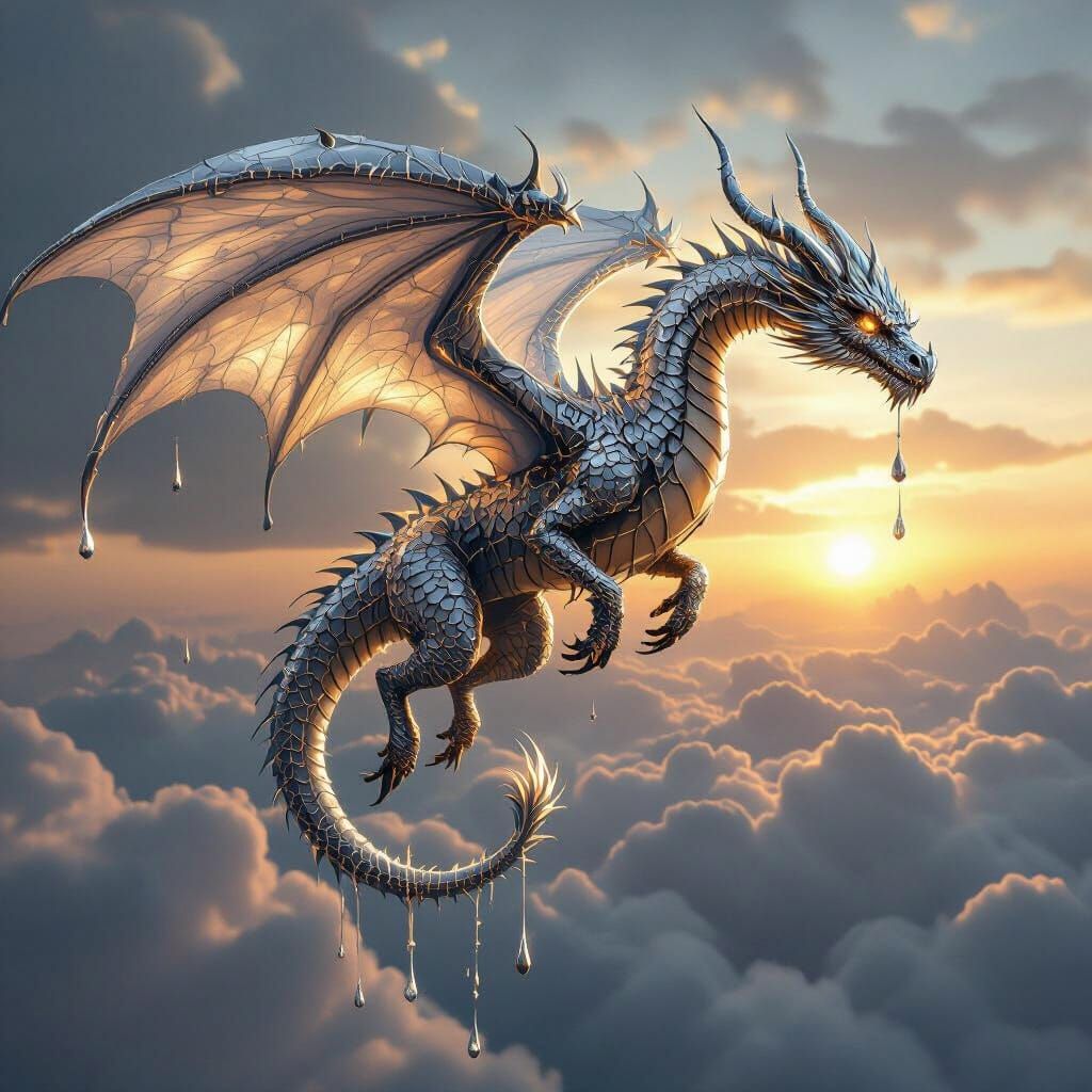 Molten Silver Dragon in Sunset Sky