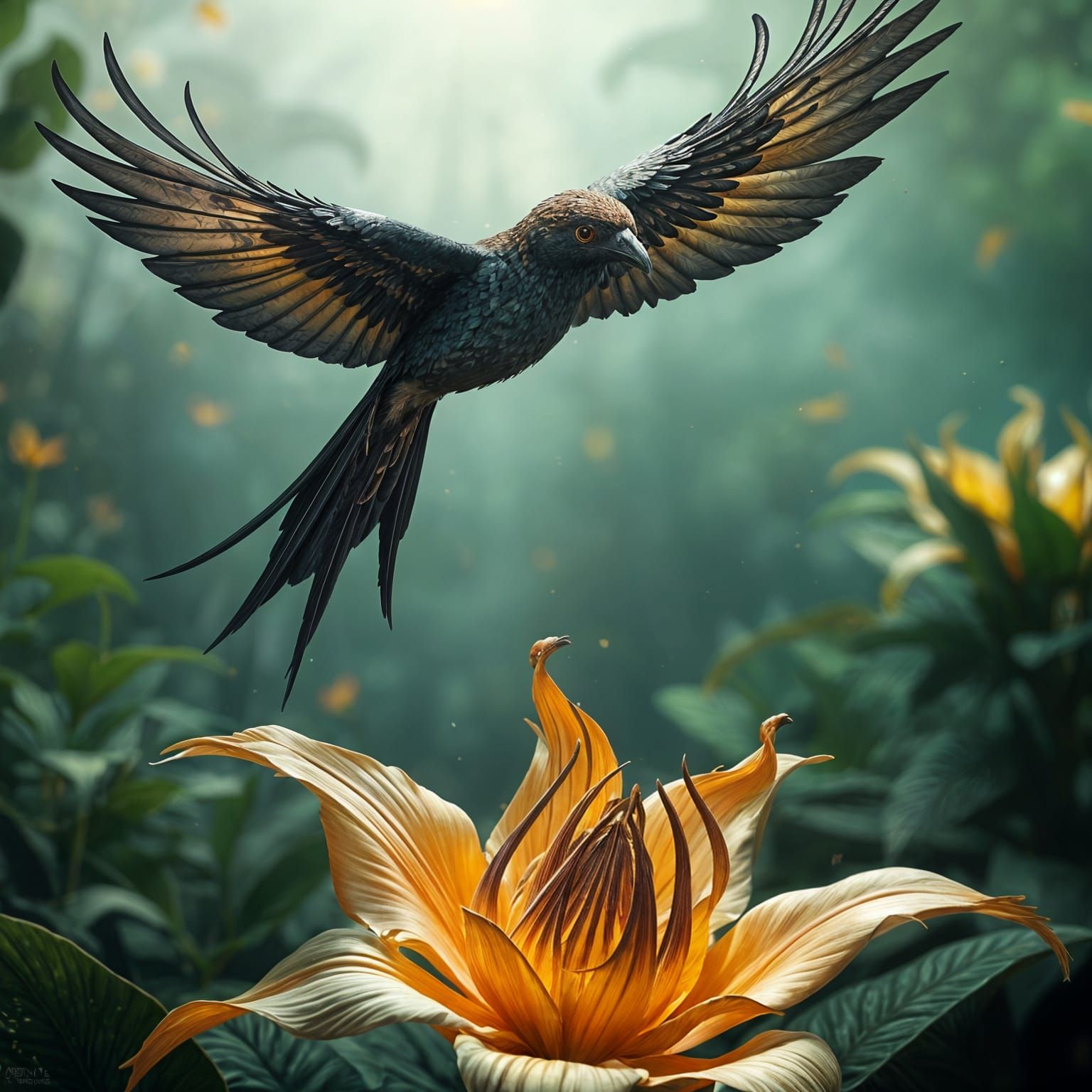 Majestic Iridescent Bird Soars Above Vibrant Wilted Flower i...