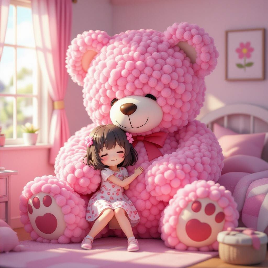 Anime Child Hugging Giant Pom Pom Teddy Bear