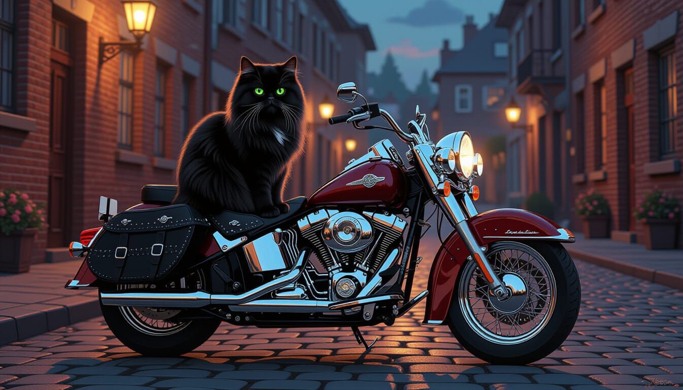 Black Cat on Vintage Motorcycle at Dusk