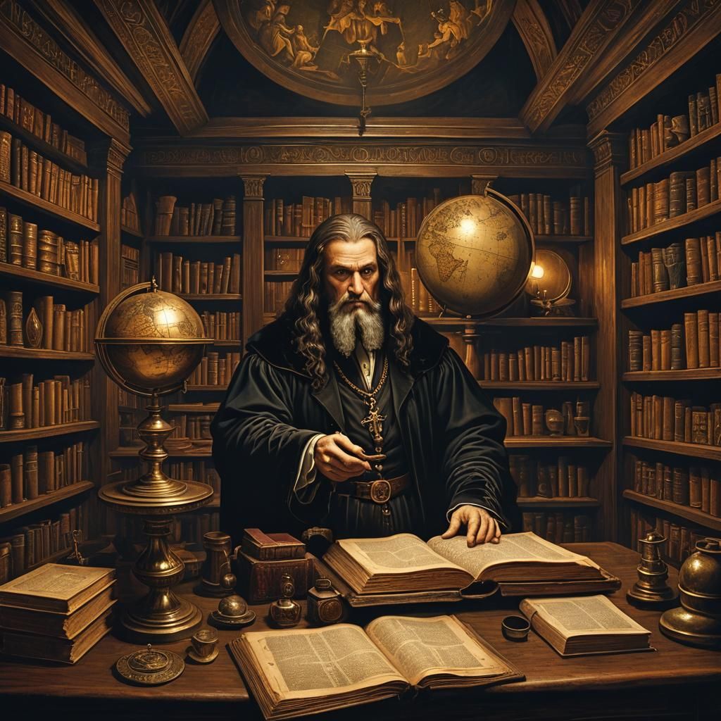 Medieval Alchemist in Dimly Lit Library