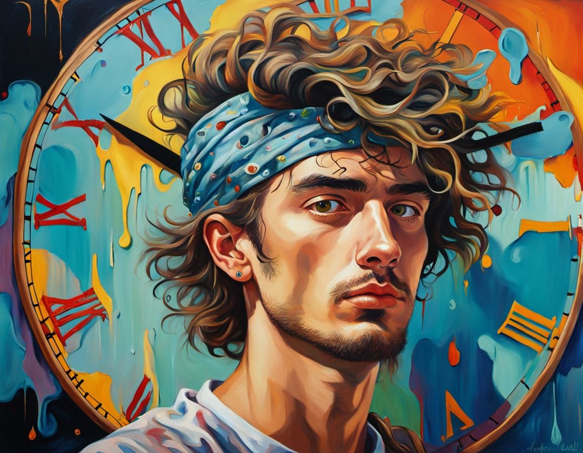 Surreal Portrait with Melting Clocks in Fauvist Style