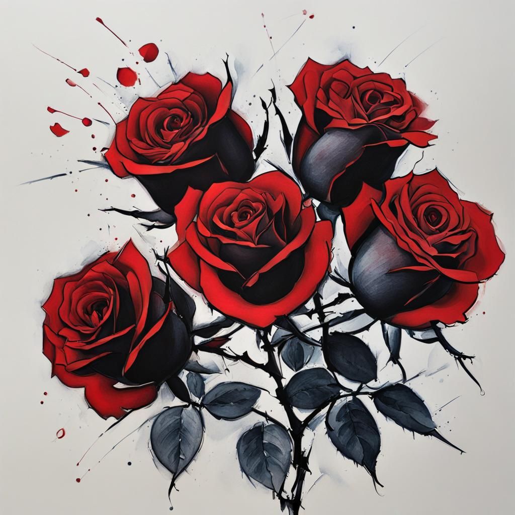 Five Red Roses in Modern Ink Fusion Style