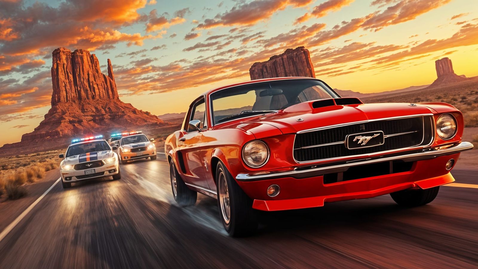 Muscle Car Chase on Route 66 at Sunset