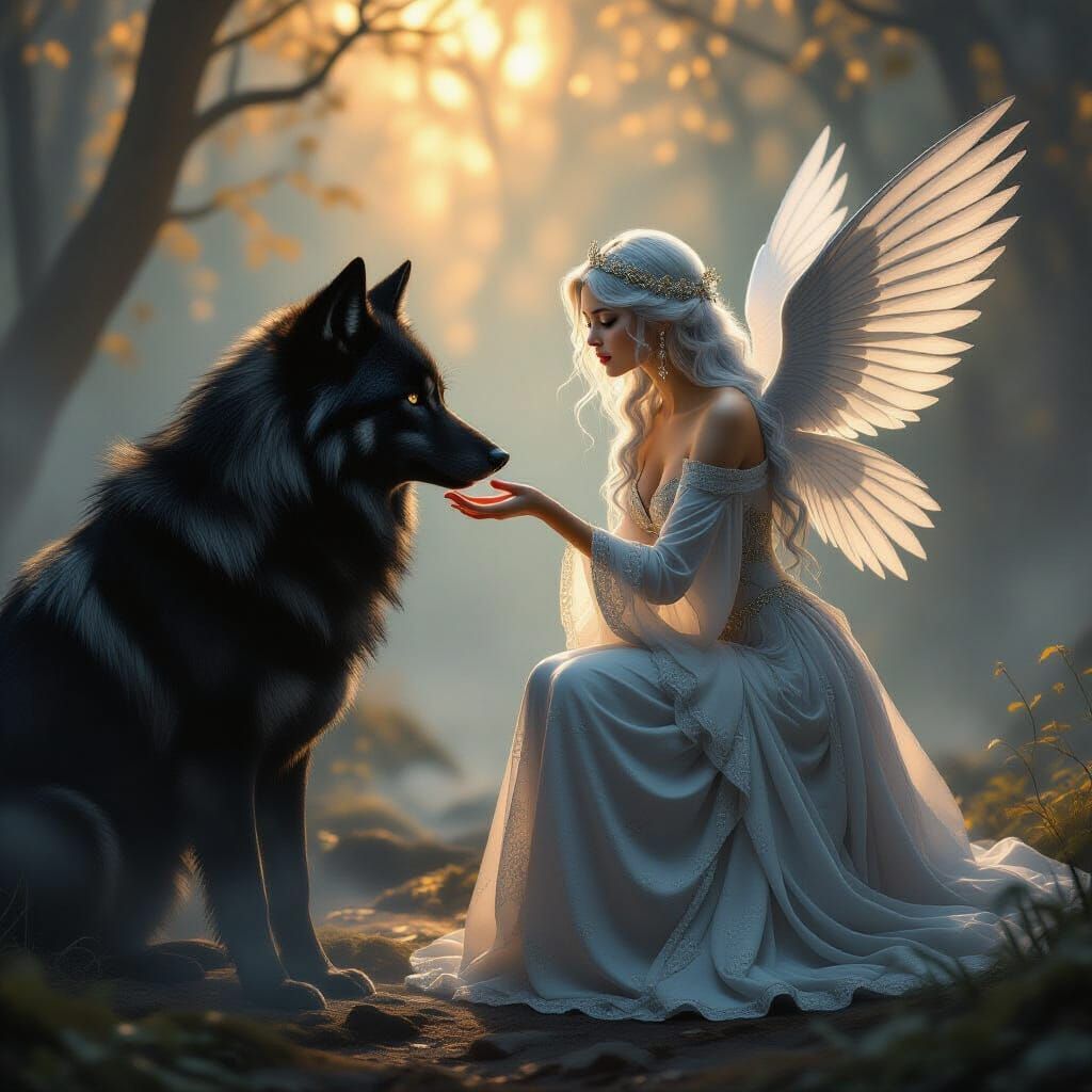 Ethereal Woman and Wolf in Dreamy Digital Art