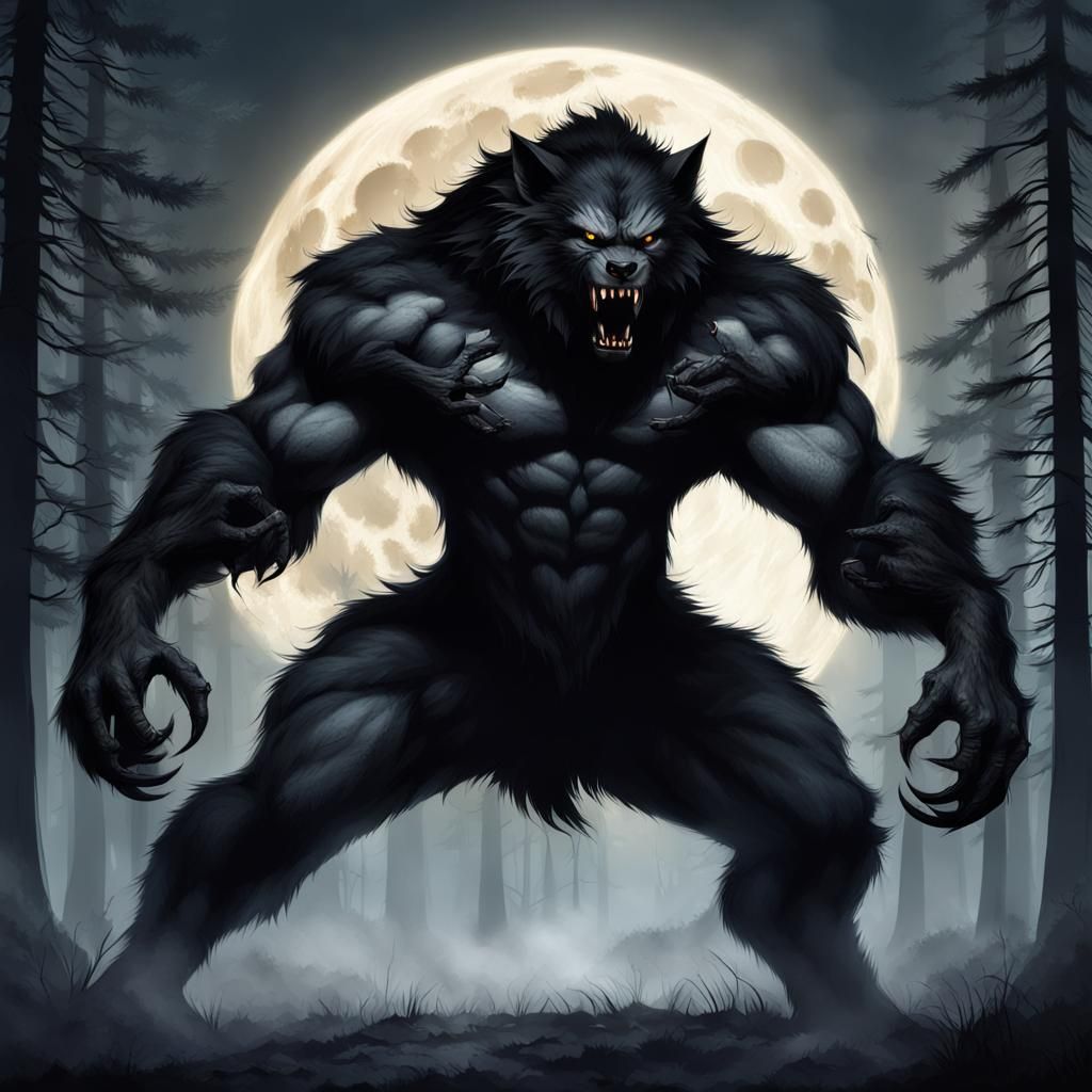 Fierce Black Werewolf in Smoky Forest