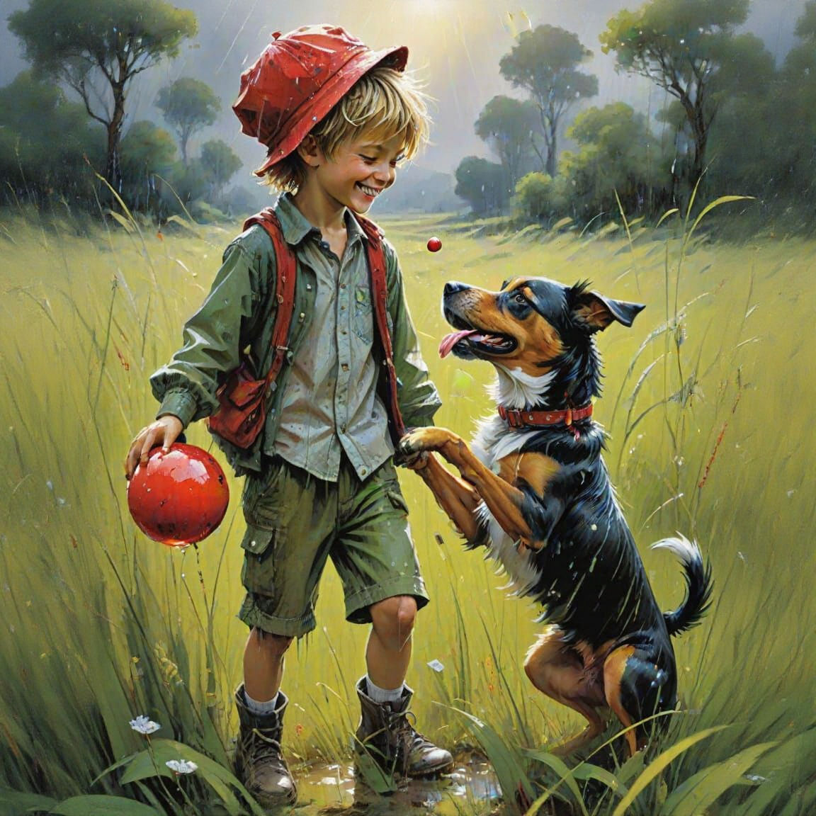 Boy and Dog Playing in Summer Rain, Dreamlike Art