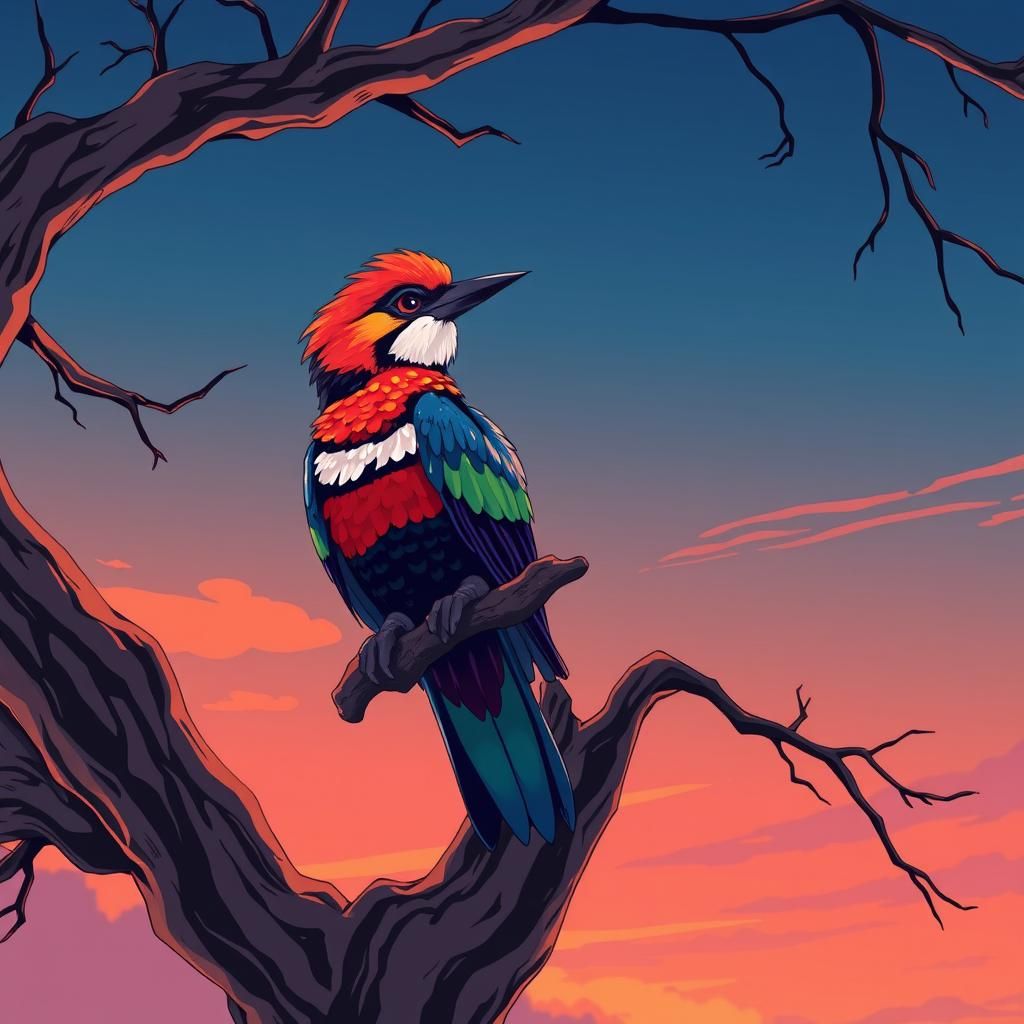Colorful Bird in Shades: Manga-Inspired Sunset Scene