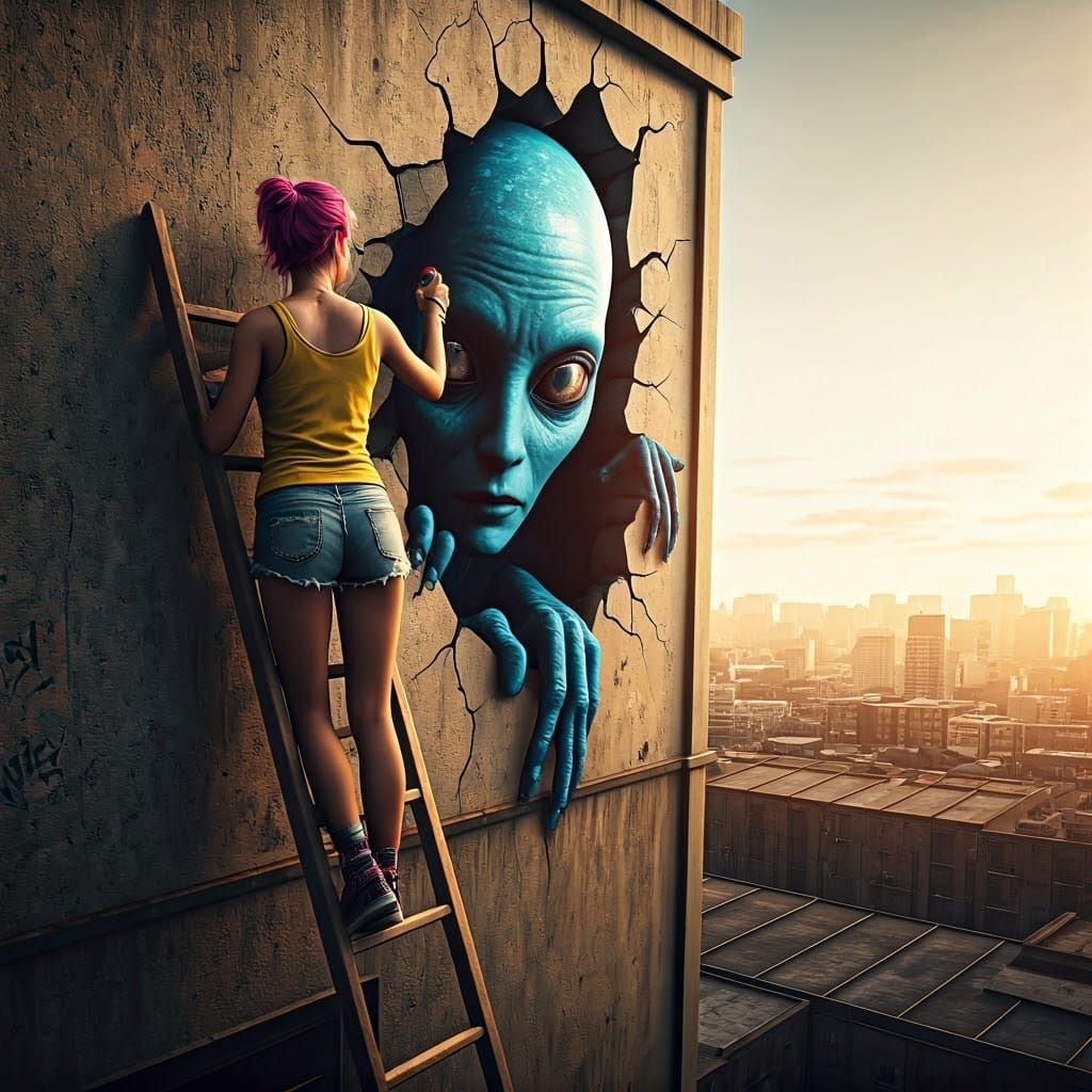 Surreal Street Art Mural of Alien in Cinematic Style