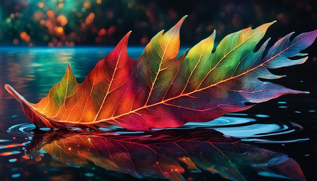 Iridescent Leaf Floating in a Rainbow Pool