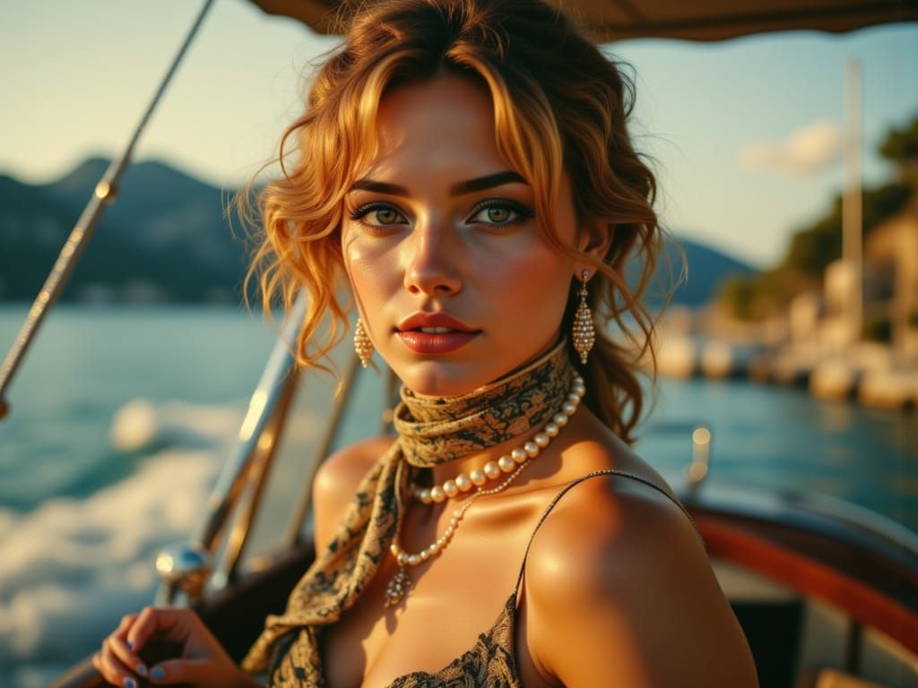 Elegant Woman on Riva Yacht off Capri in Digital Art Style