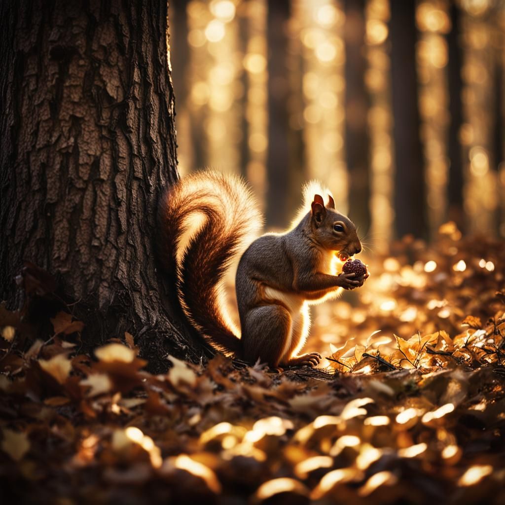 Squirrel in Forest with Orbs: Cinematic Film Still