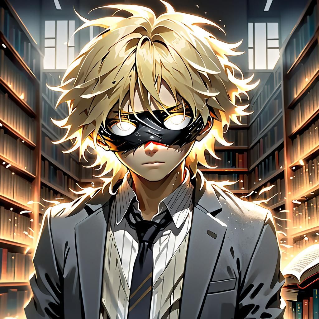 Blond Boy in Library, Illustration Inspired by Ukiyo-E