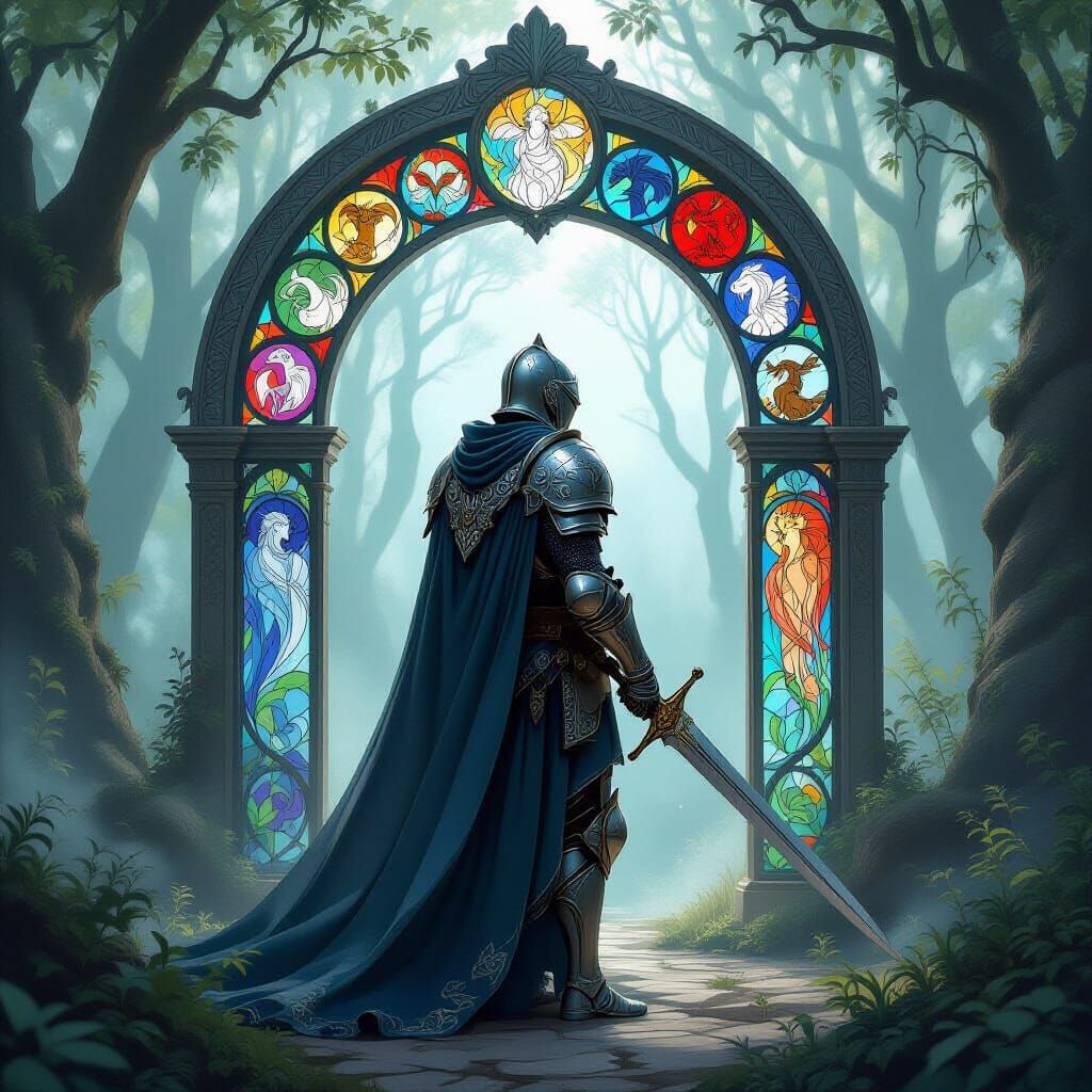 Fantastical Knight Guarding a Stained Glass Portal