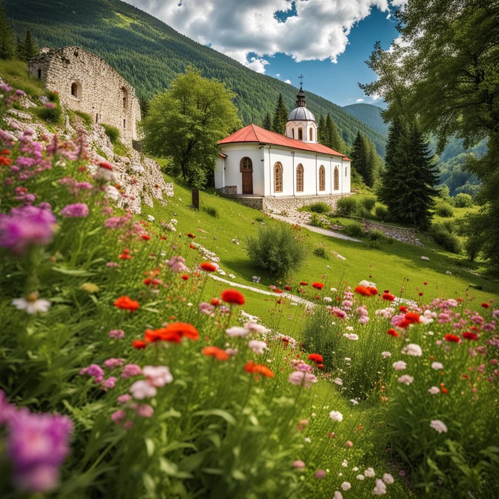 Serbian Monastery in Mountain Flower Garden