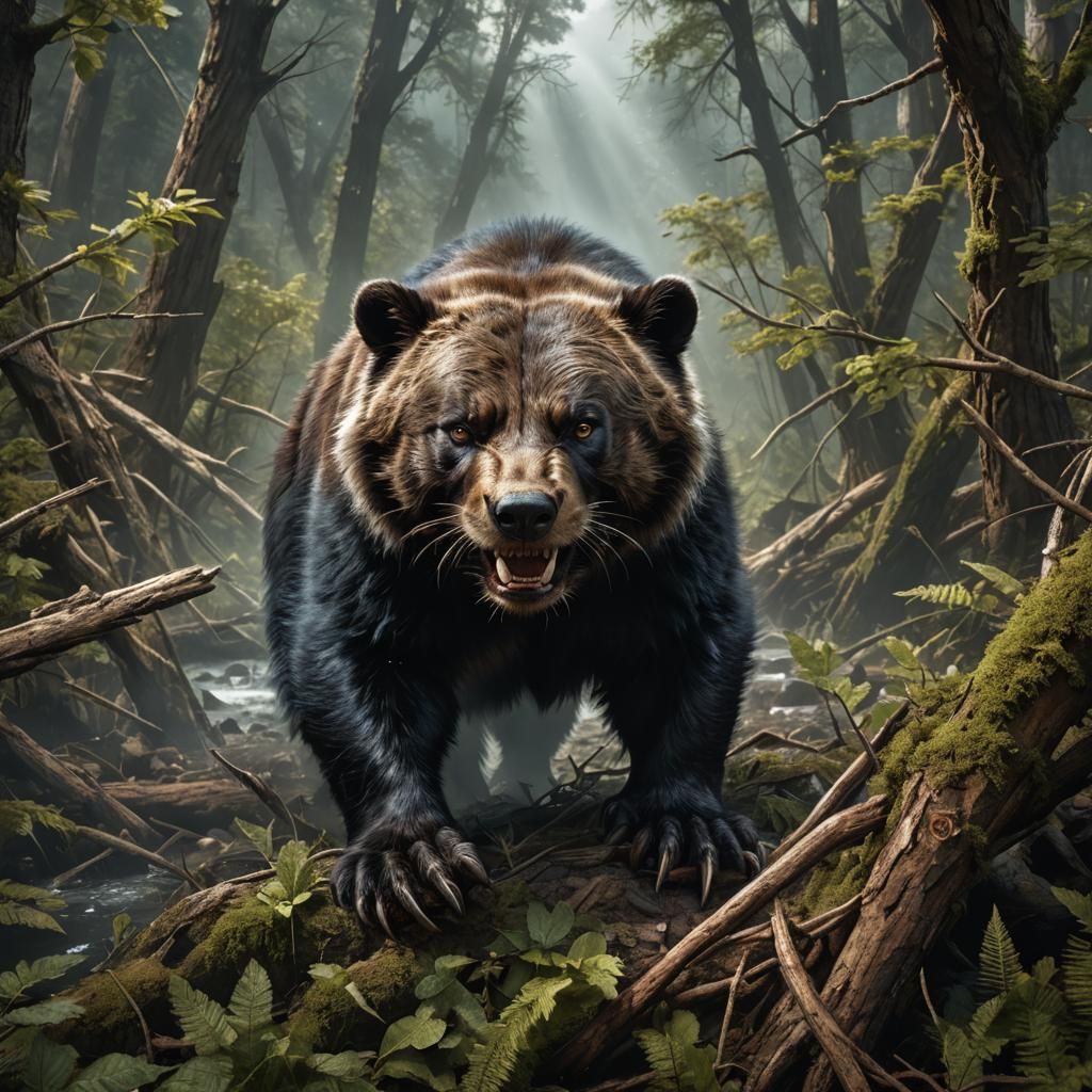 Hyperrealistic Wolverine Hunt in a Swamp, 3D Illustration