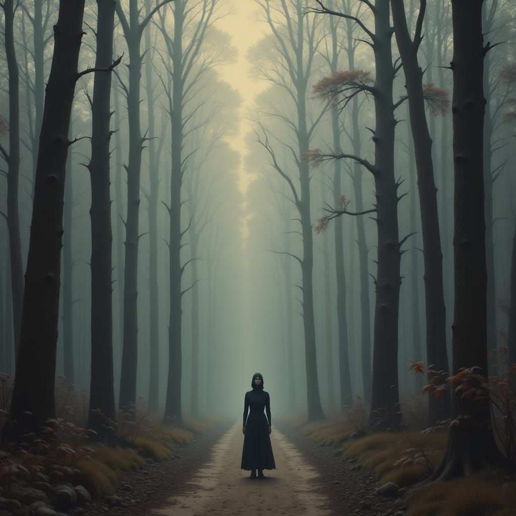 Ethereal Figure in Misty Forest, Surrealist Digital Art