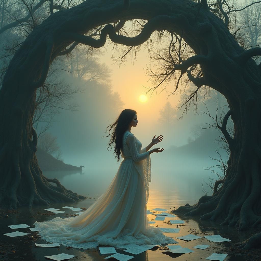 Melancholic Poetess at Mist-Shrouded Lake