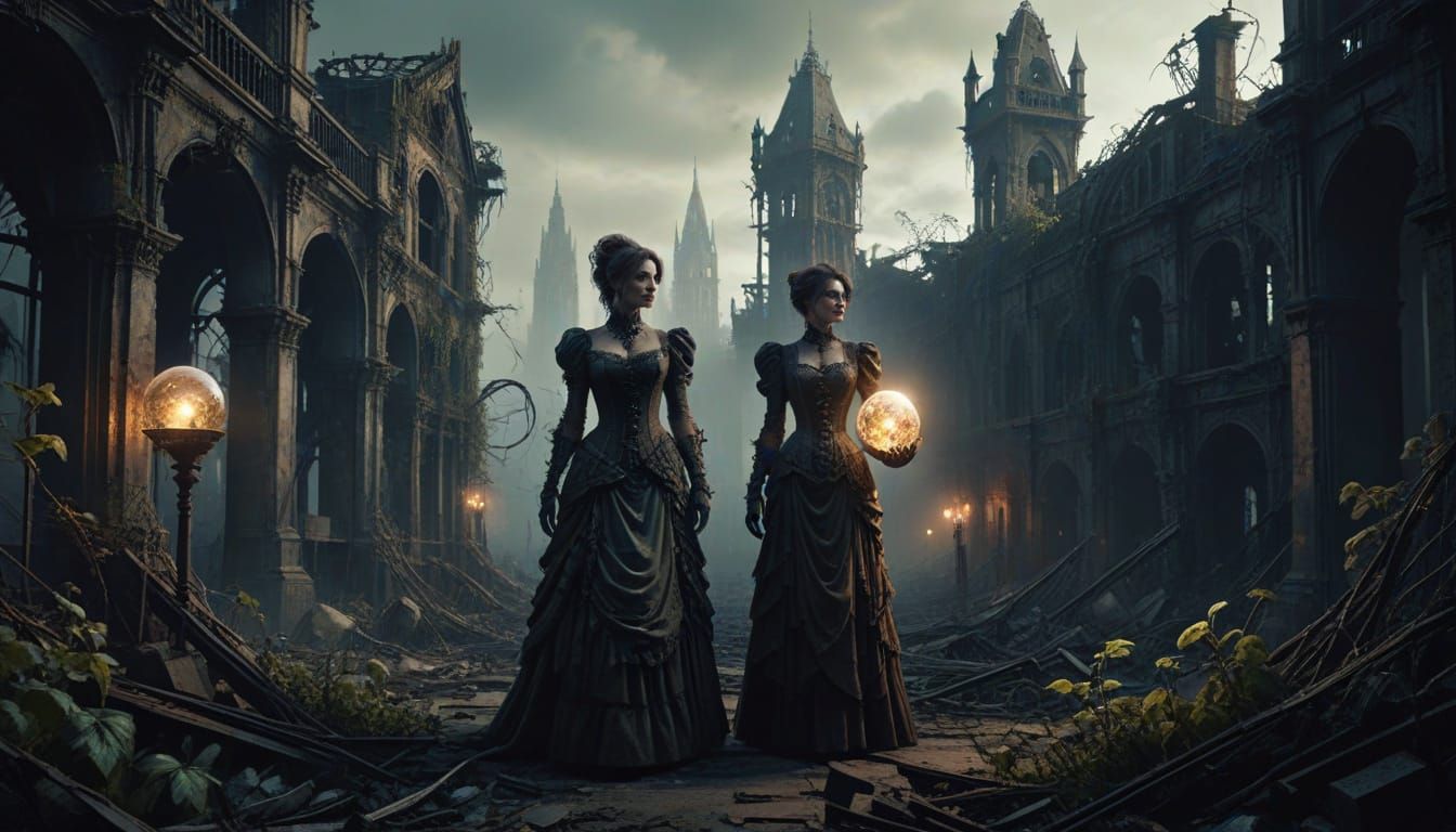 Steampunk Woman with Glowing Orb in Ruined City