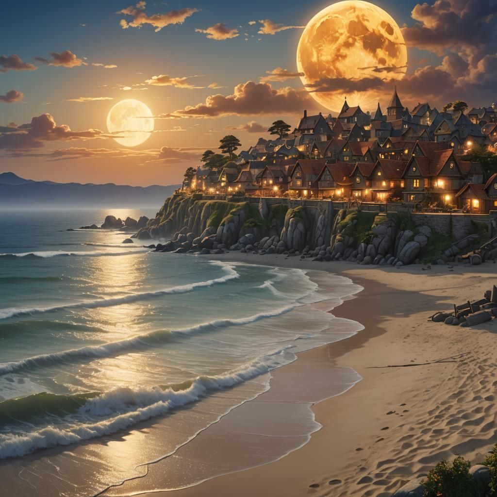 Tranquil Seaside Village Under Harvest Moon
