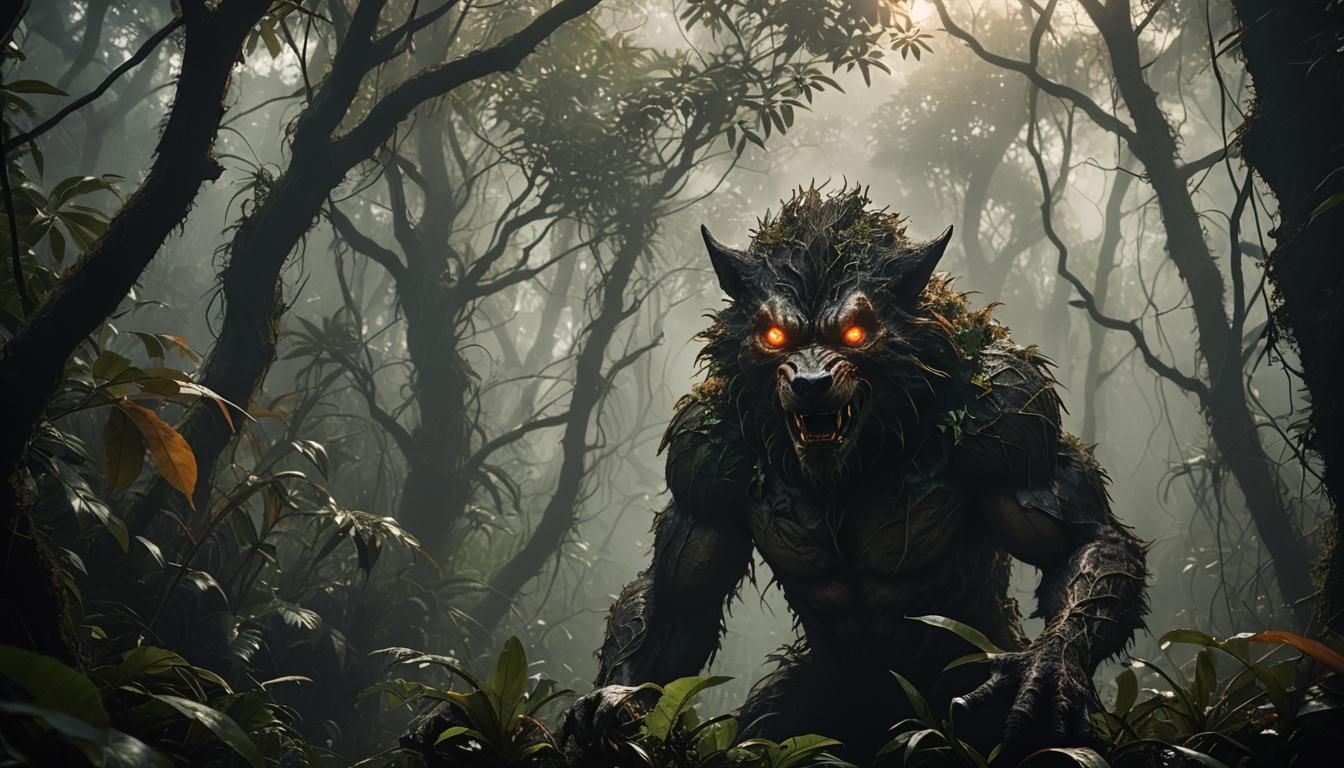 Eerie Werewolf Hidden in Tropical Forest Mist