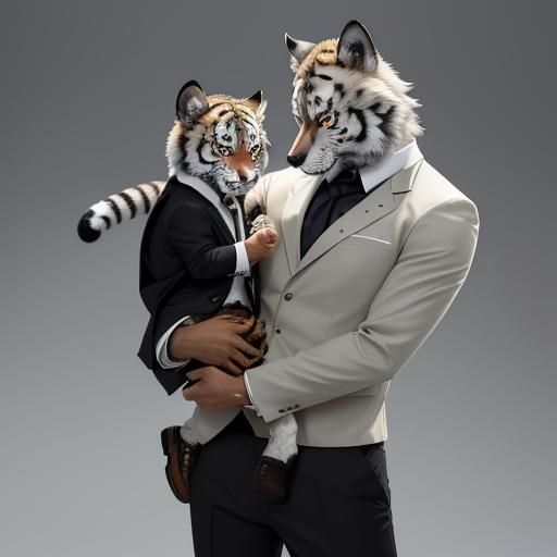 Anime Mr. Wolf Holding a Leopard Cub