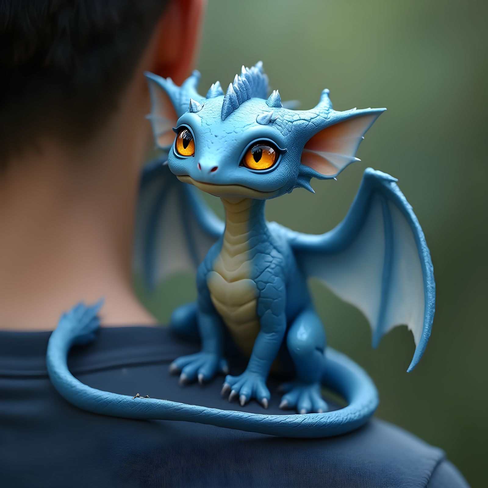 Icy Blue Dragon Perched on Human Shoulder