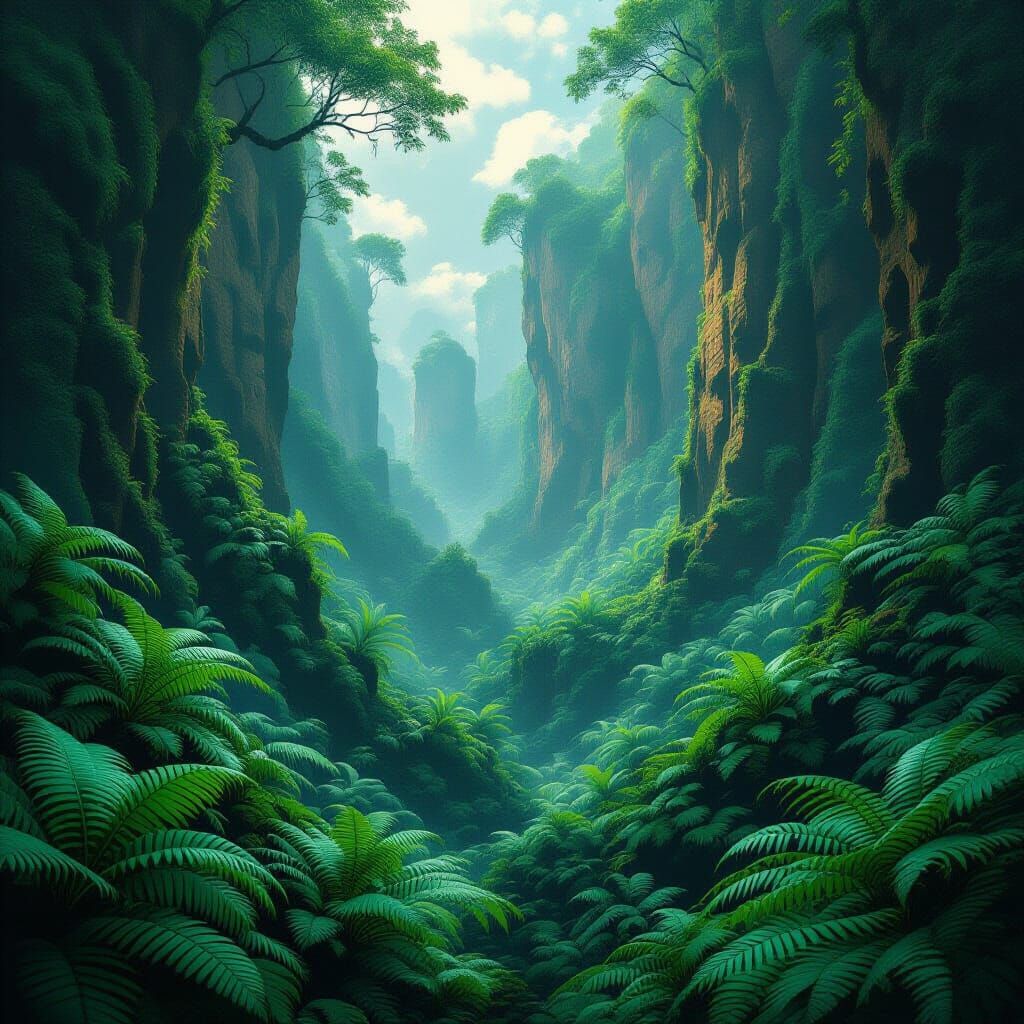 Lush Fern Forest with Volcanic Cliffs: Digital Painting