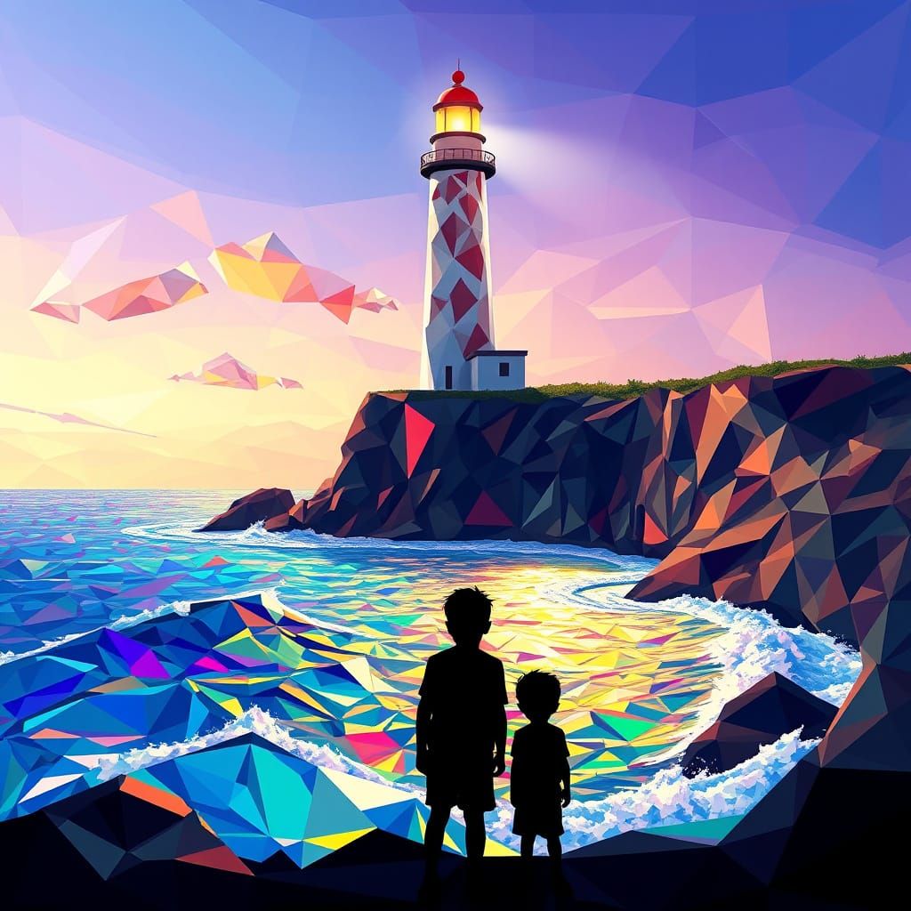 Geometric Low-Poly Mosaic Scene with Radiant Lighthouse