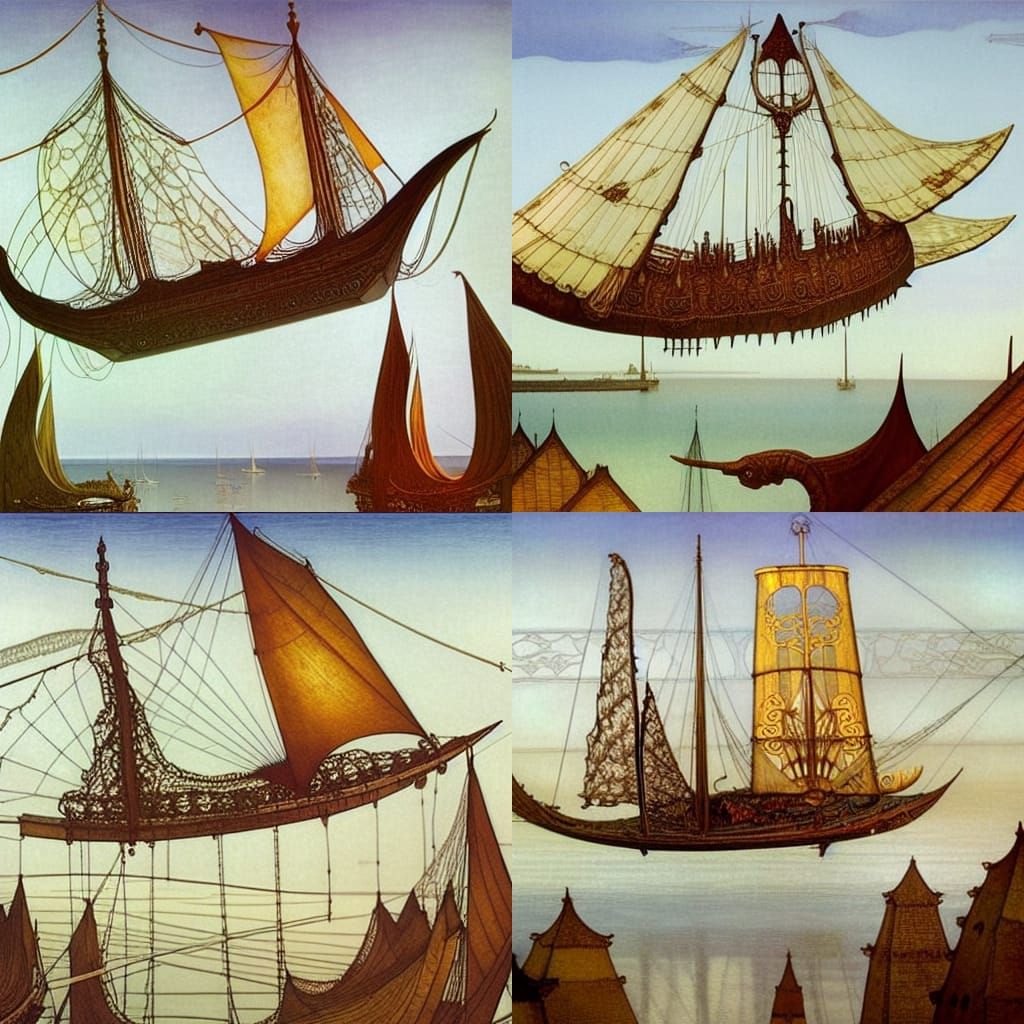 Flying Serpent-Ship Over Steampunk City, Renaissance Style