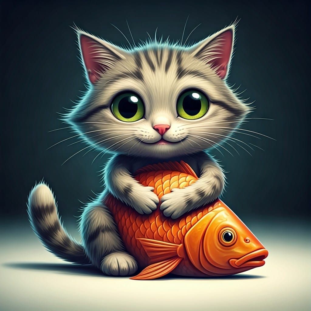Whimsical Cartoon Cat Hugs a Bright Fish in Playful Clipart