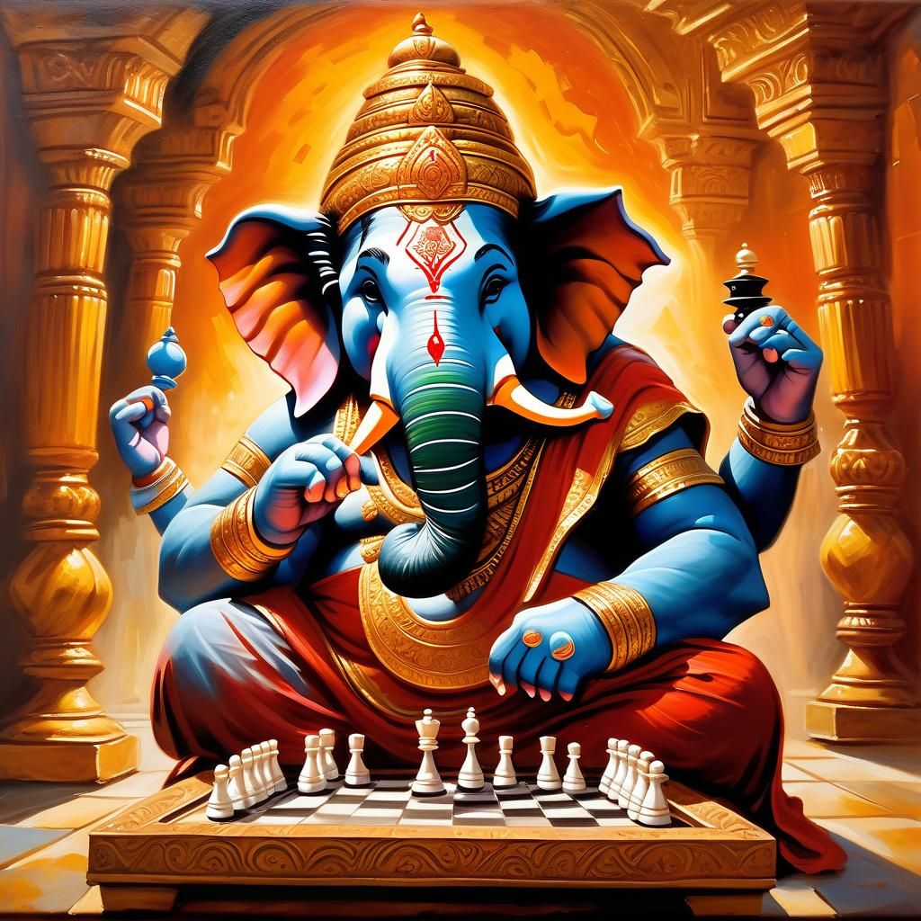 Ganesha Playing Chess in Oil Painting Style