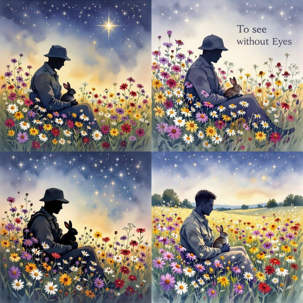 Blind Soldier with Rabbit in Wildflower Field