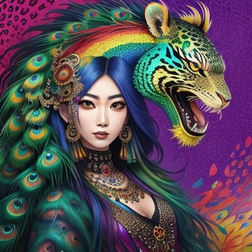 Colorful Asian Woman with Dragon Scales: Abstract Art
