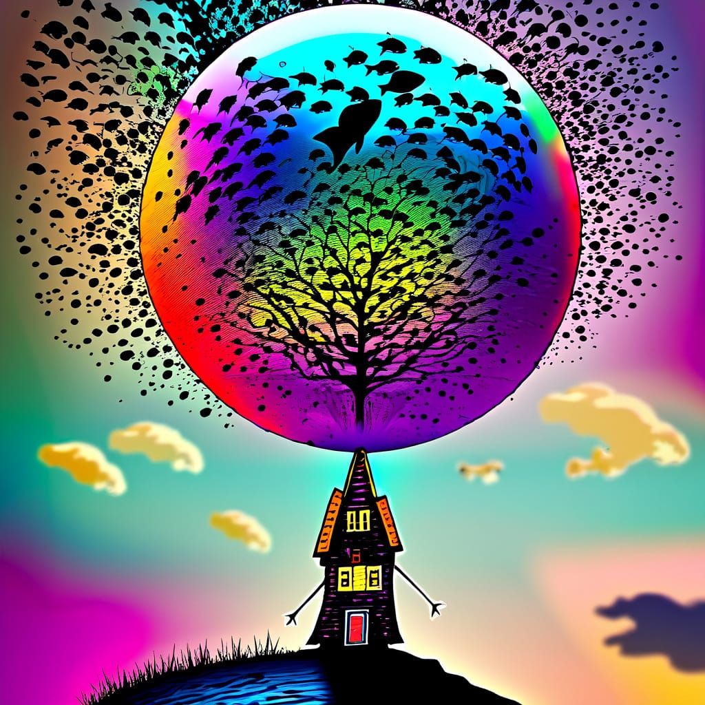 Surreal House on Tree with Flying Fish, Graffiti Art