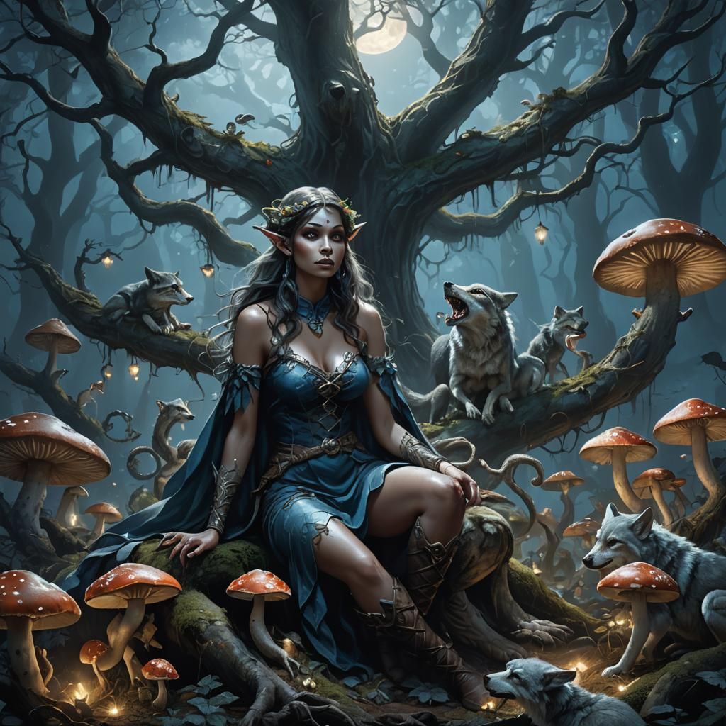 Eerie Elf and Wolves in Misty Forest