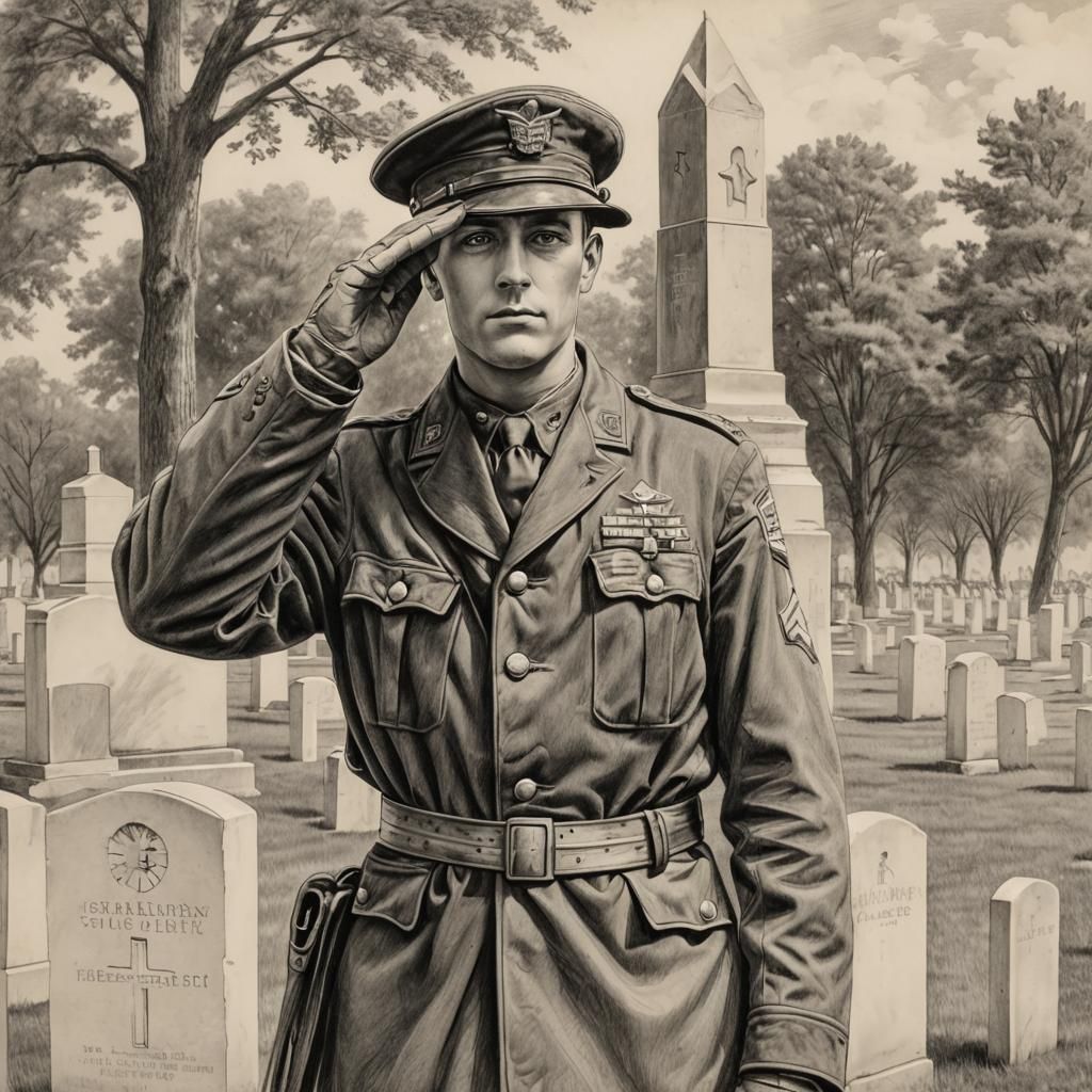 Patriotic Soldier Salutes in Cemetery: Pencil Sketch