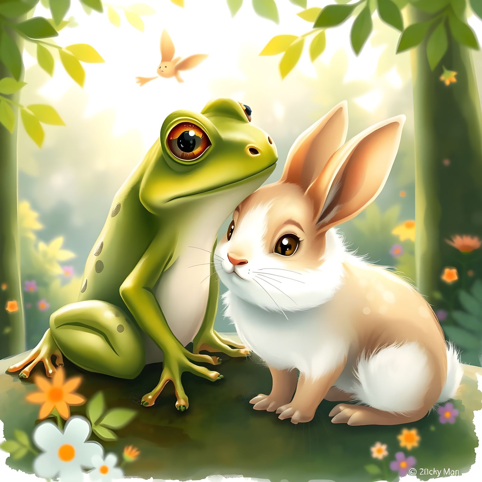 Whimsical Forest Kissing Scene in Watercolor Style