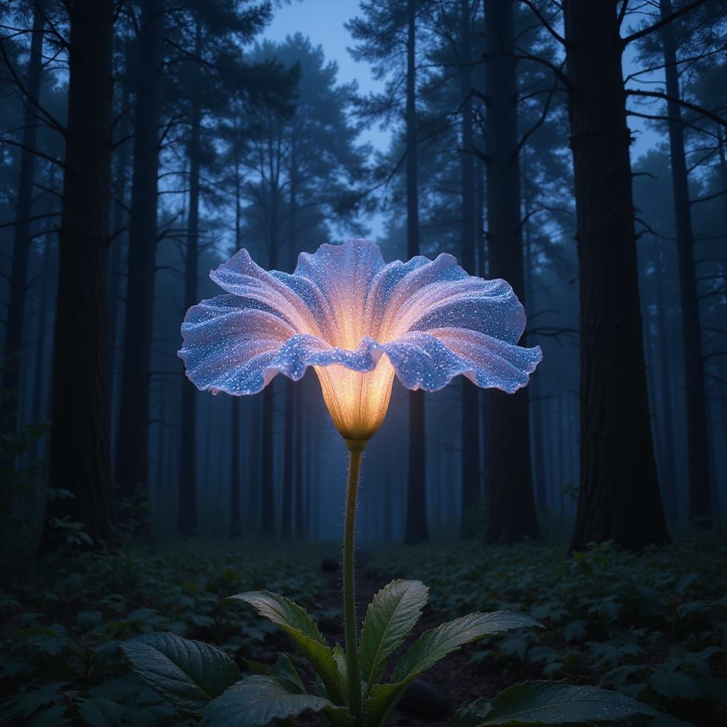 Starlight Flower in Dark Forest, Ethereal Night Scene
