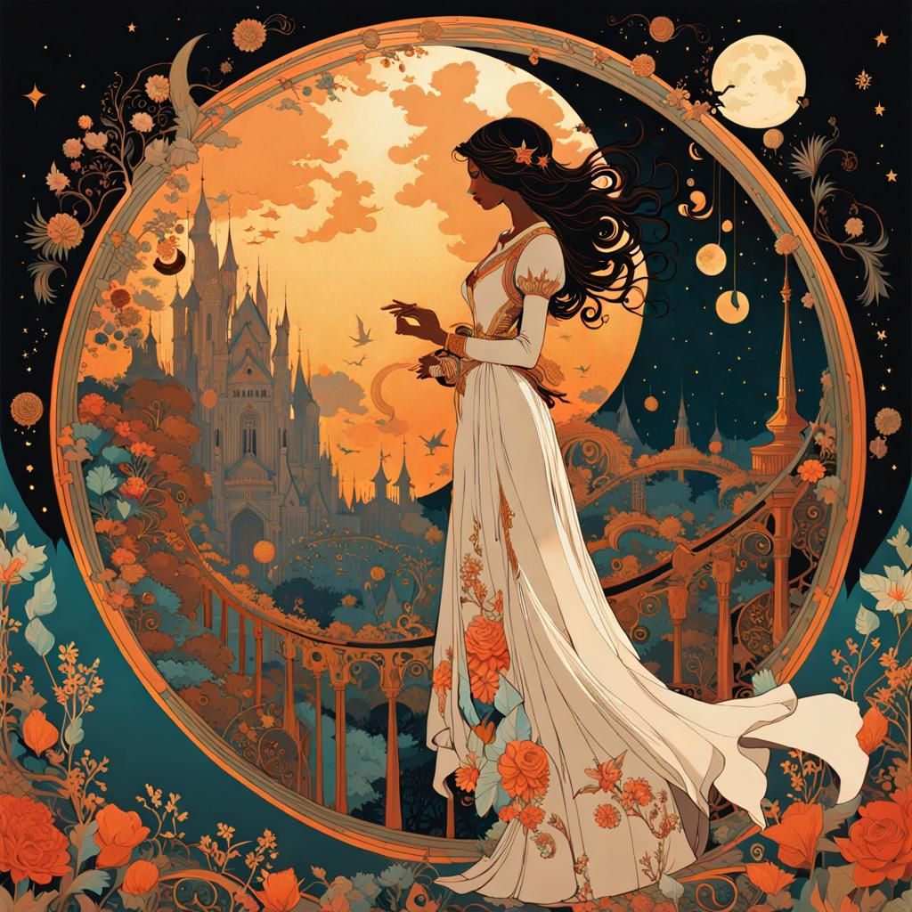 Fairytale Steampunk Woman in Psychedelic Anime Style