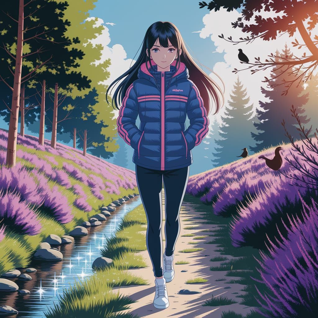 Cel-Shaded Anime Woman Strides through Vibrant Sunlit Meadow