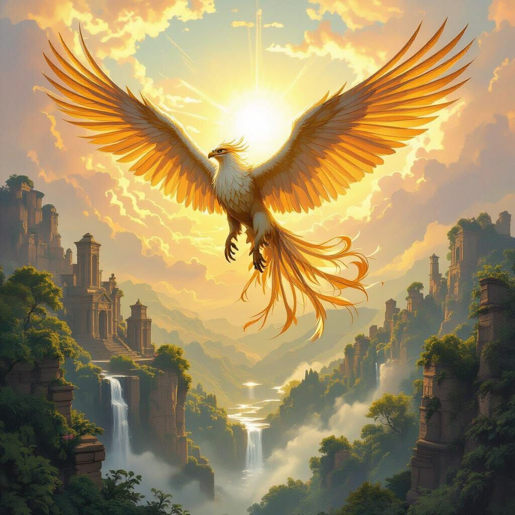 Griffin Soaring Above Ancient Forest in Digital Art Style