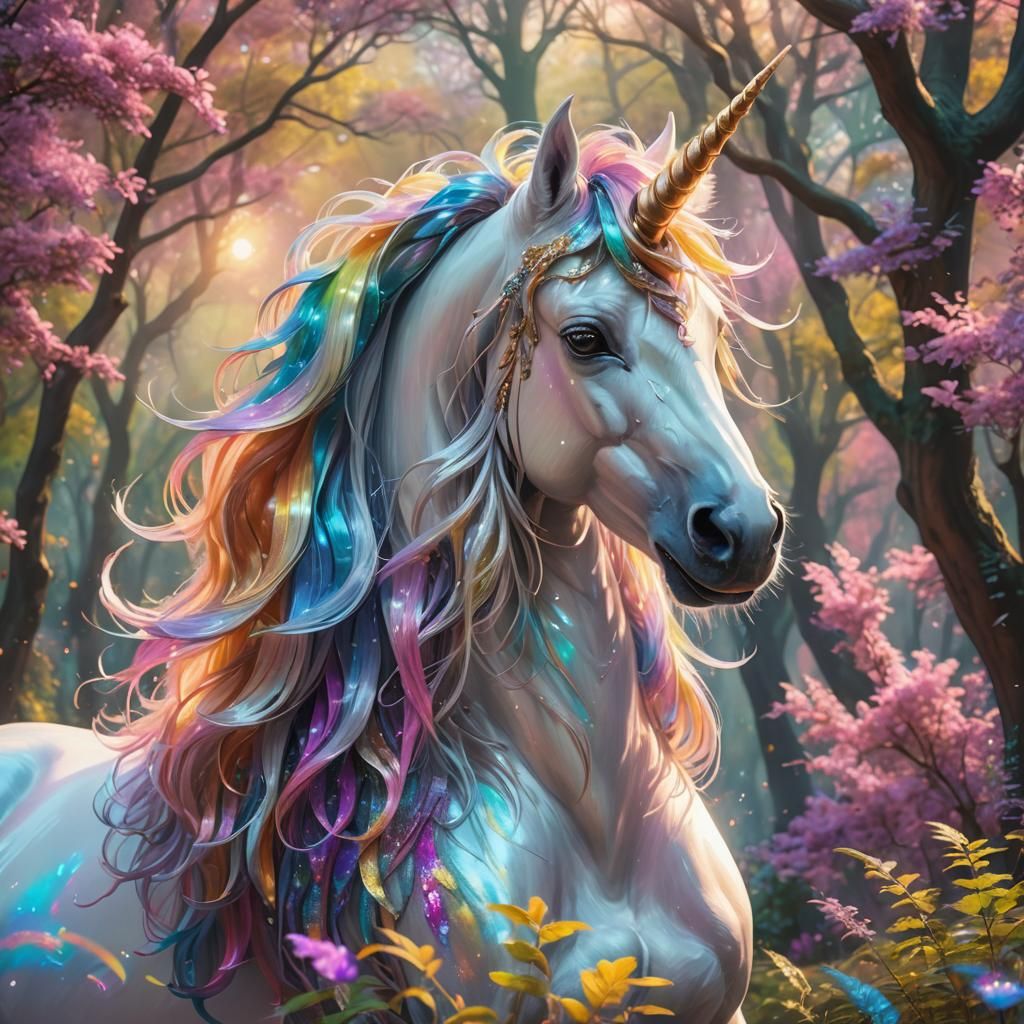 Vibrant Unicorn in Dreamy Forest: Digital Fantasy Art