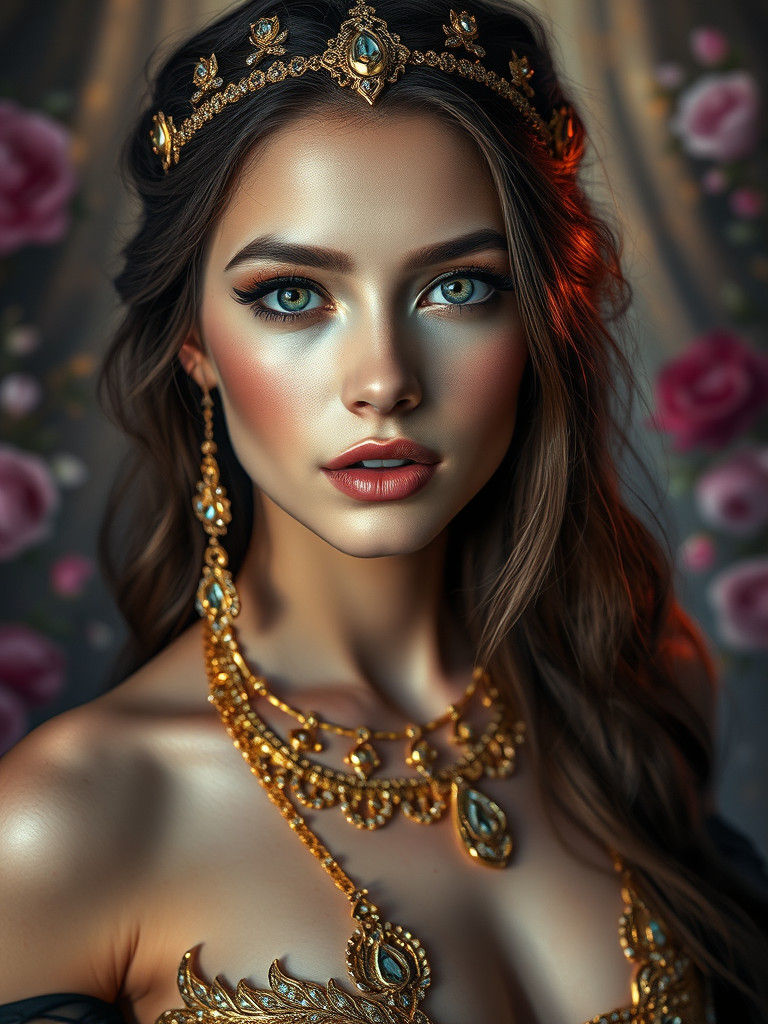 Enchantress Portrait with Golden Jewelry in Surreal Style