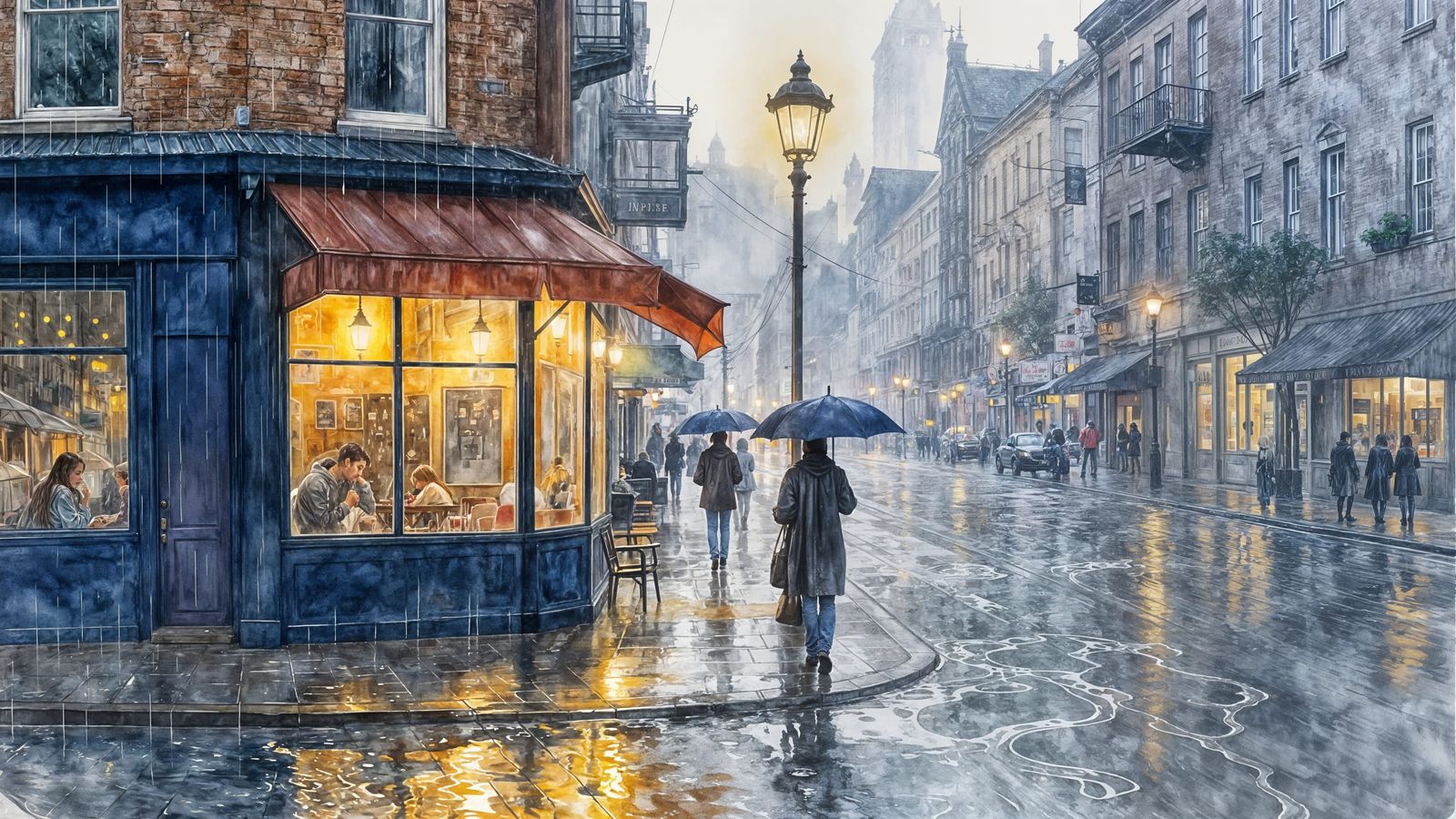 Dreamy Watercolor City Street in Gentle Rain