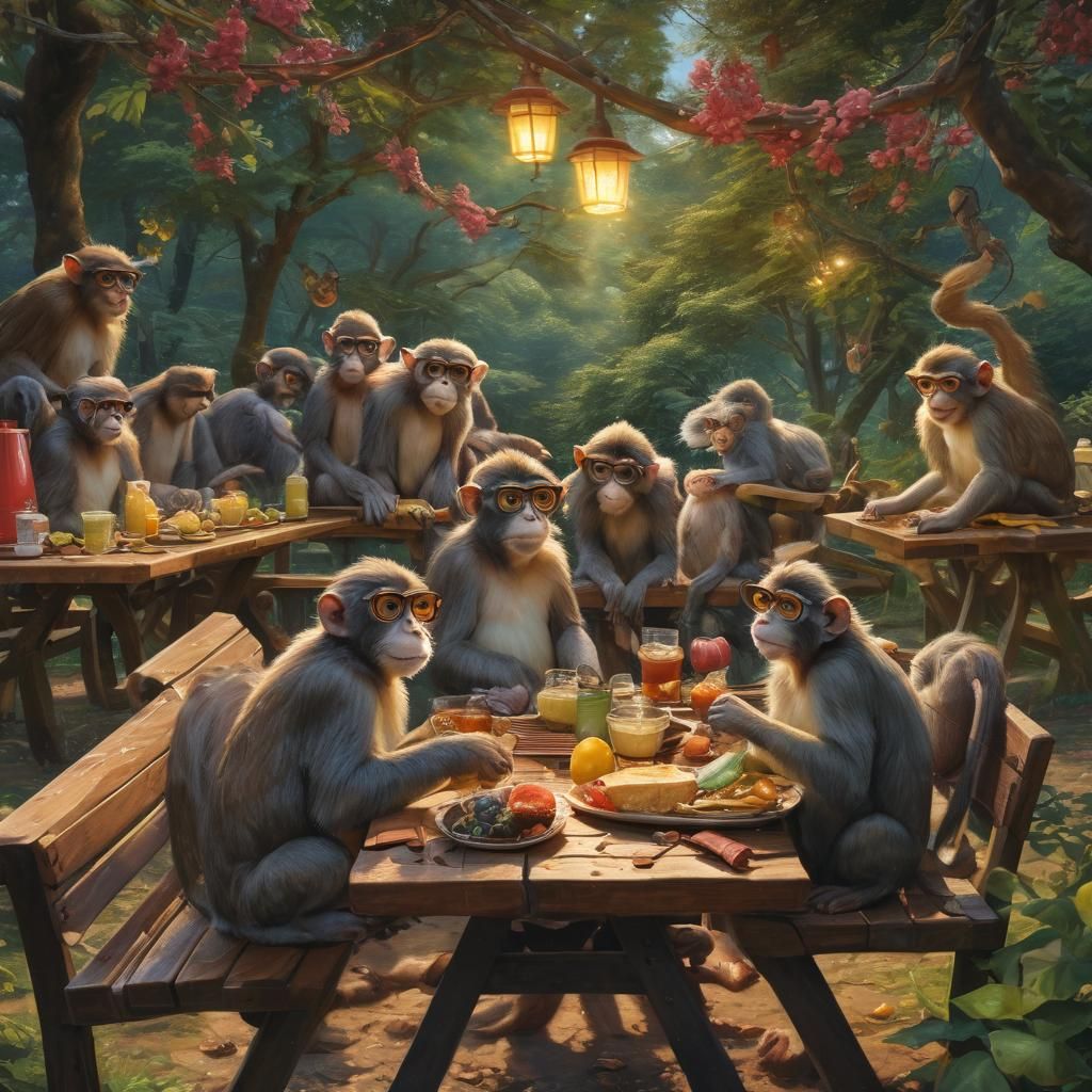 Photo of monkeys in glasses at picnic table having lunch